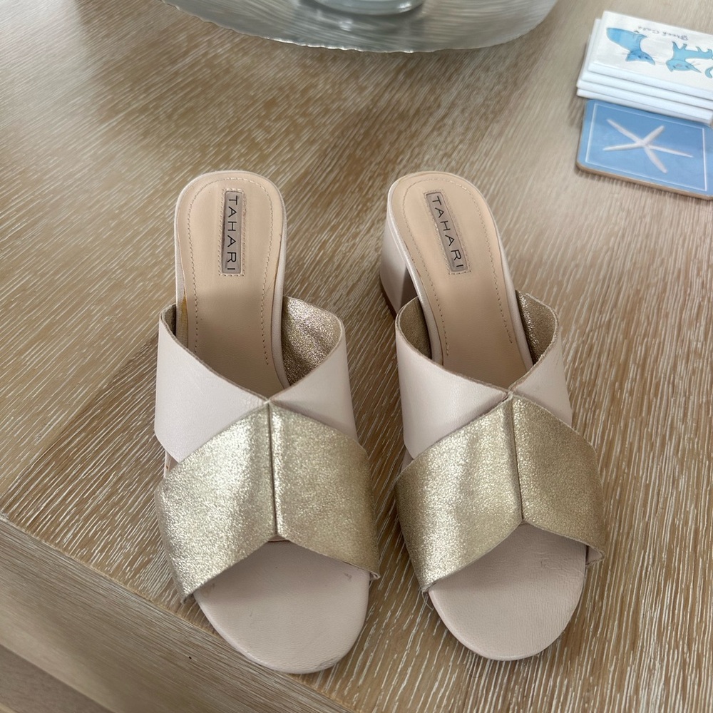 Tahari Gold and Cream Crossover Mules